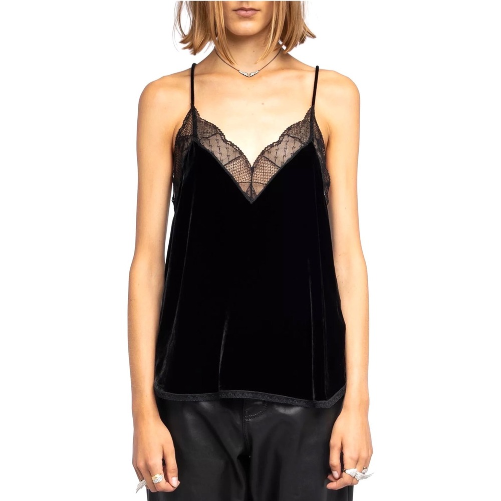 Zadig & Voltaire Velvet Lace Trim Cami Top M Black Edgy Parisian Glam Luxury